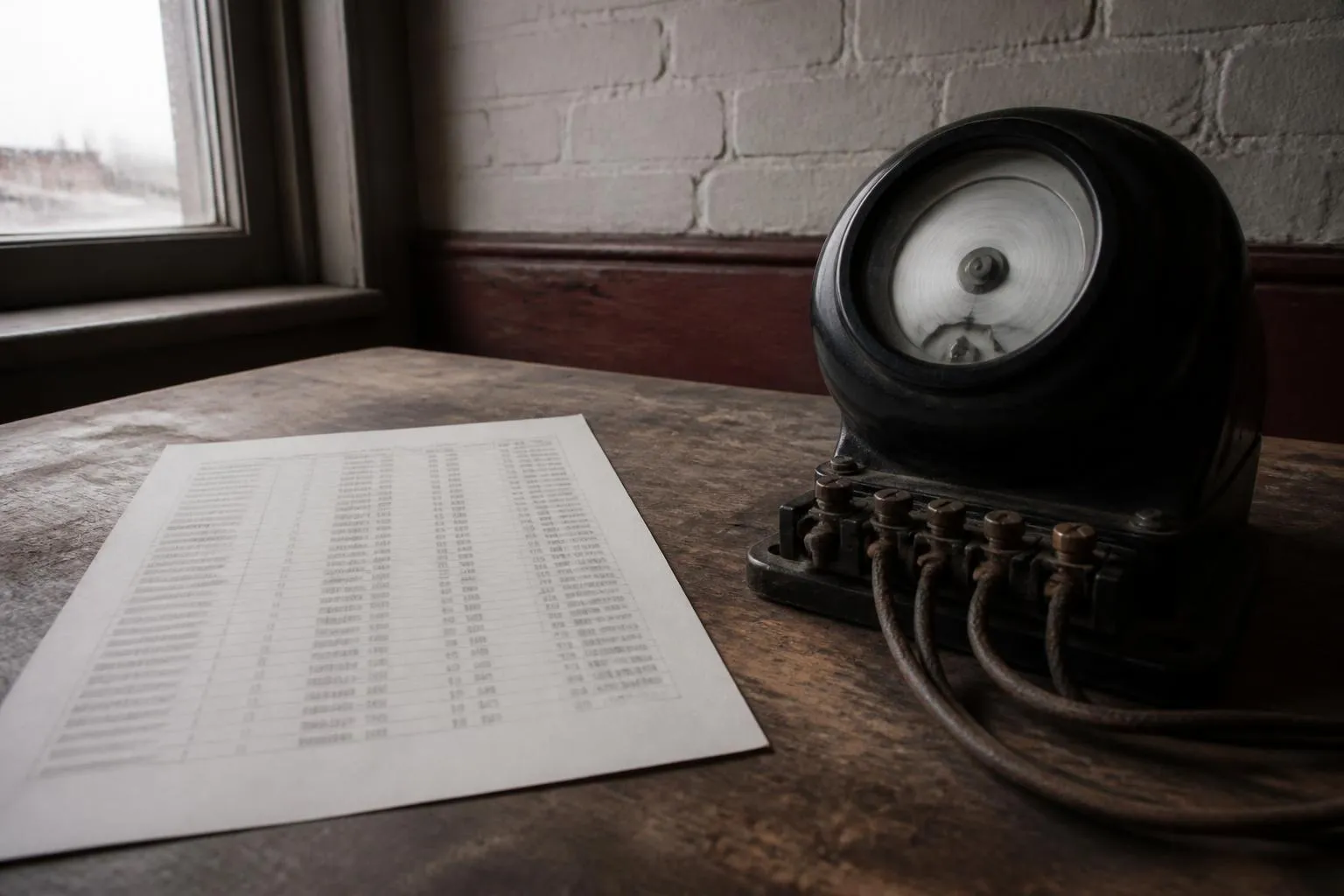 Facture d'électricité papier posée sur une table en bois, à côté d'un ancien compteur à disque