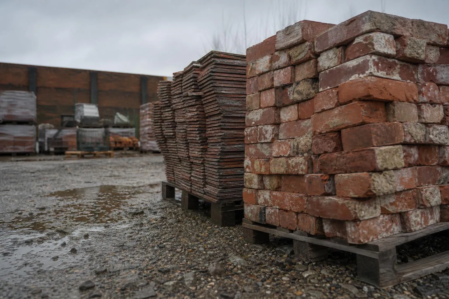 Briques de démolition et tuiles anciennes empilées sur des palettes dans la cour d'un dépôt de matériaux