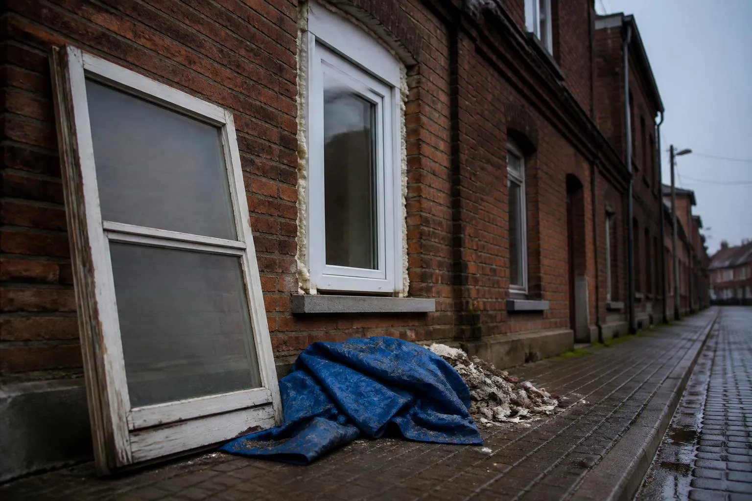 Façade en brique rouge dont une fenêtre vient d'être remplacée, l'ancien châssis en bois appuyé contre le mur
