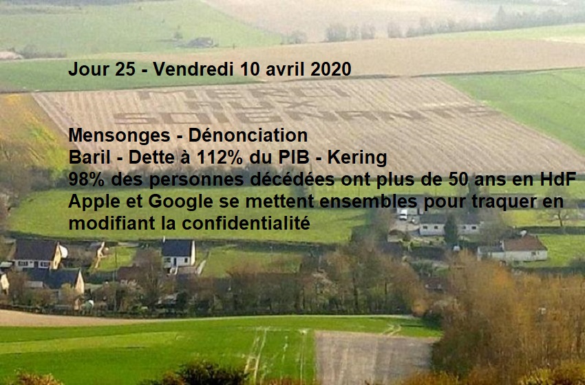 Jour 25 - Mensonges - Dénonciation - Baril - Dette à 112% du PIB - Kering - 98% DCD ont plus de 50 ans en HdF - Apple et Google ensembles pour traquer