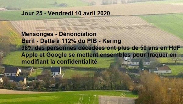 Jour 25 - Mensonges - Dénonciation - Baril - Dette à 112% du PIB - Kering - 98% DCD ont plus de 50 ans en HdF - Apple et Google ensembles pour traquer