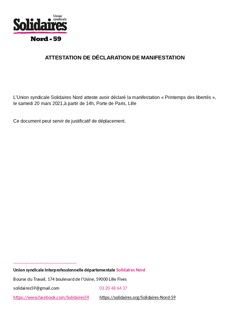 attestation declaration SUD solidaires