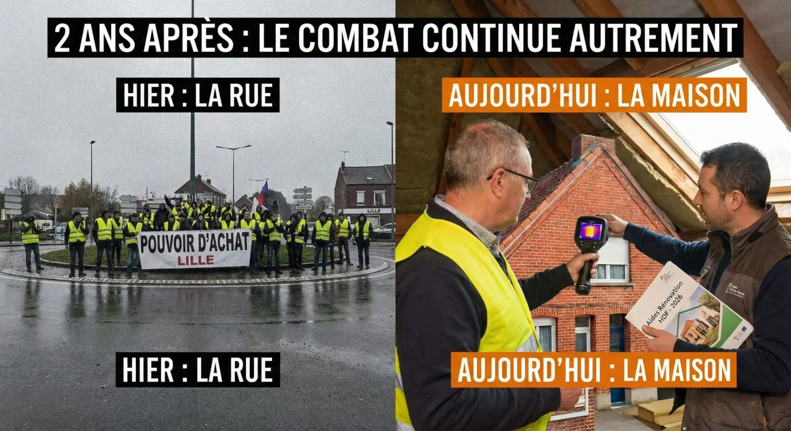 Montage : manifestation de gilets jaunes sous la pluie et diagnostic thermique d'une maison en briques
