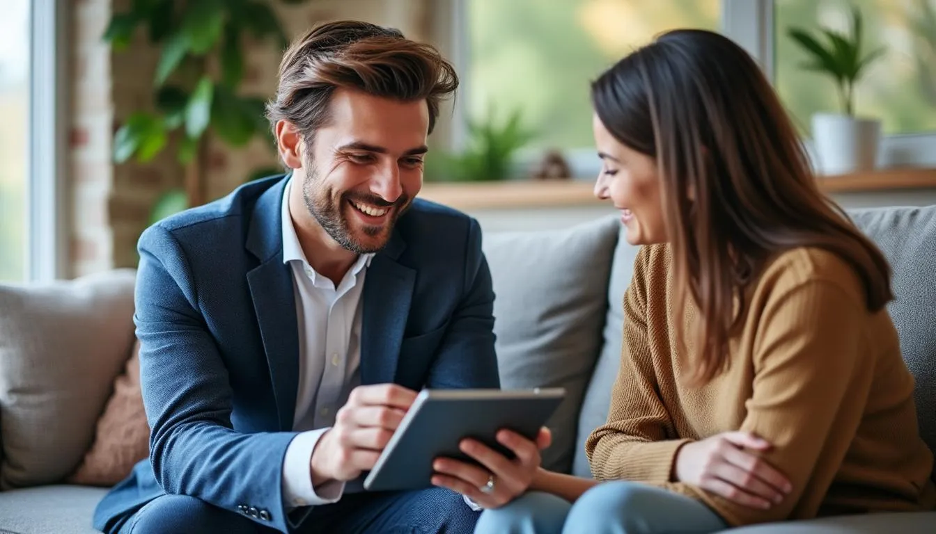 Conseiller présentant un dossier d'aides sur tablette à une propriétaire dans son salon