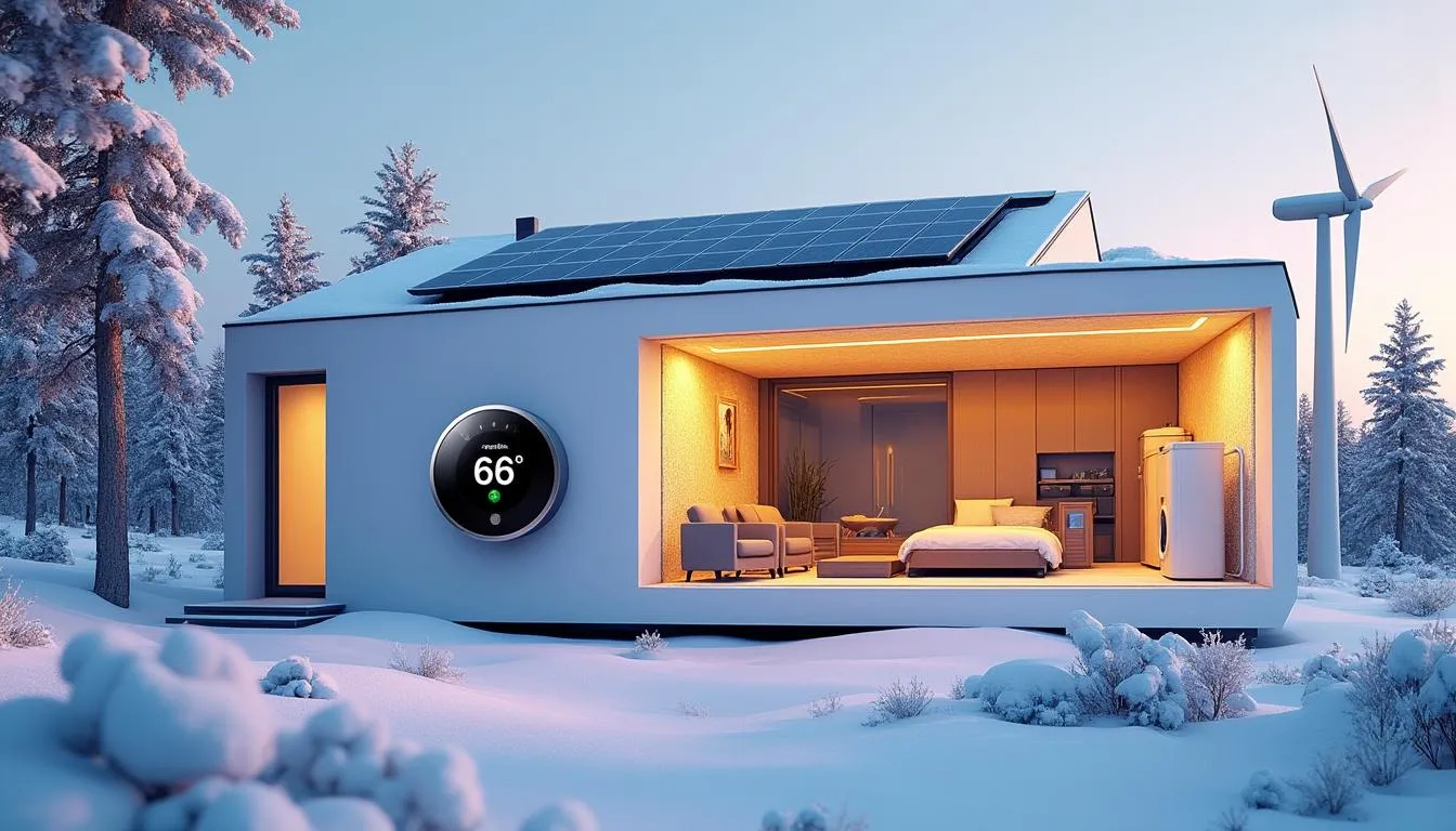 Maison à panneaux solaires sous la neige avec thermostat affichant la température