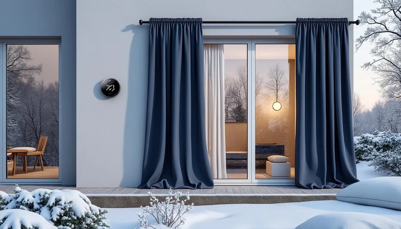 Thermostat connecté et rideaux thermiques épais devant une baie vitrée en plein hiver