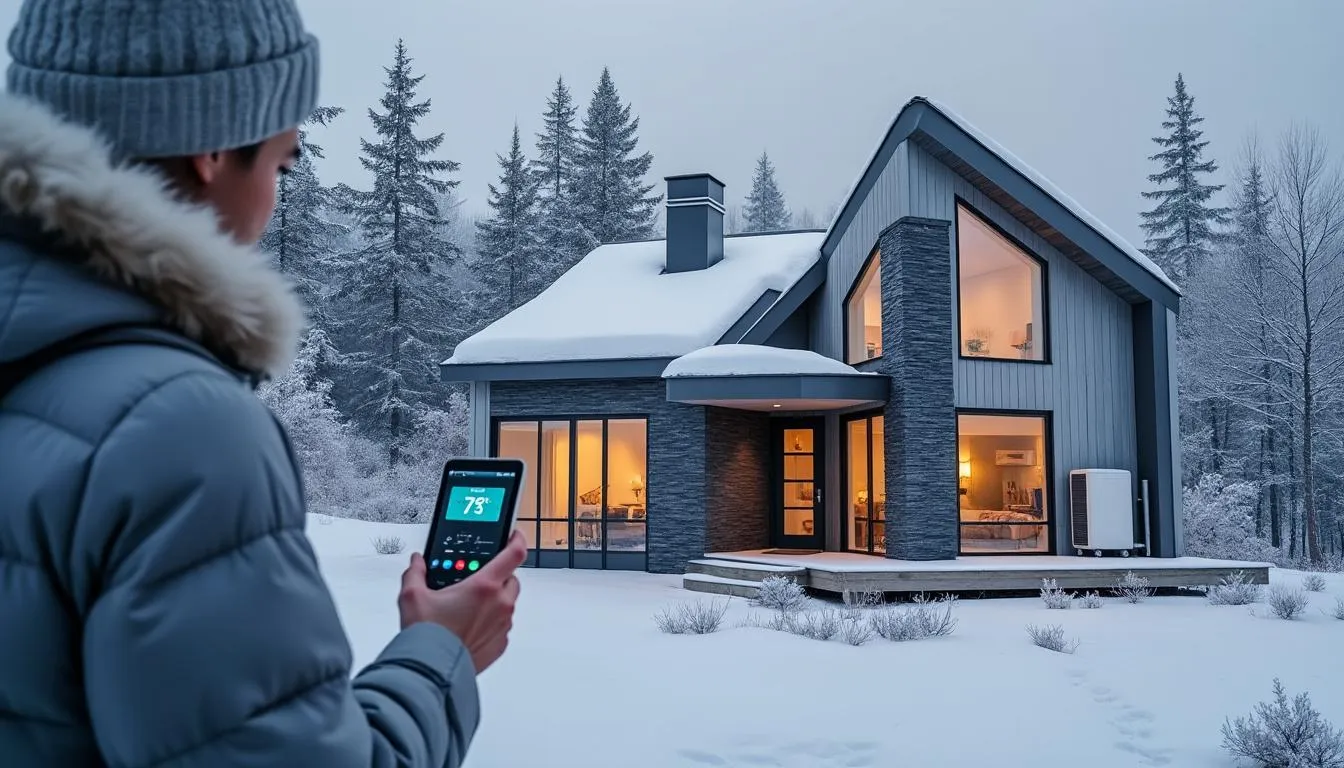 Personne relevant sa consommation de chauffage sur smartphone devant une maison enneigée